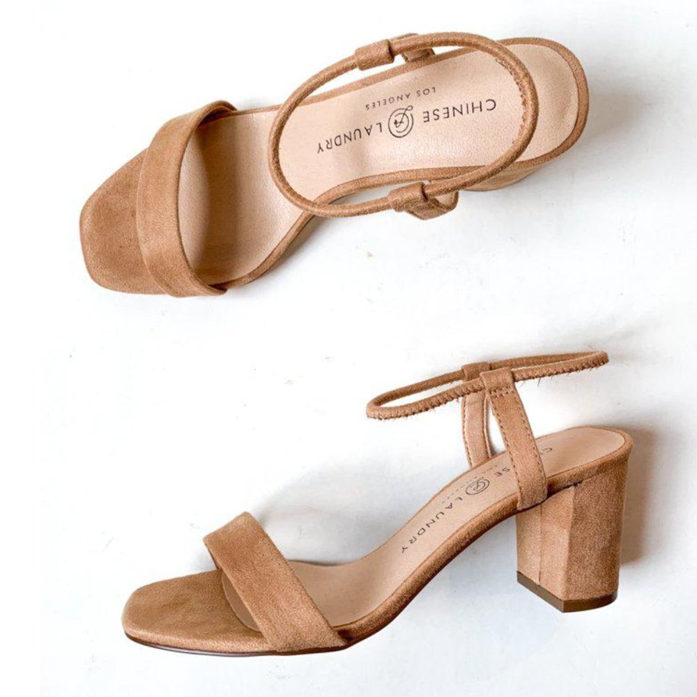 Chinese Laundry Strappy Suede Block Heel | Nude | 8